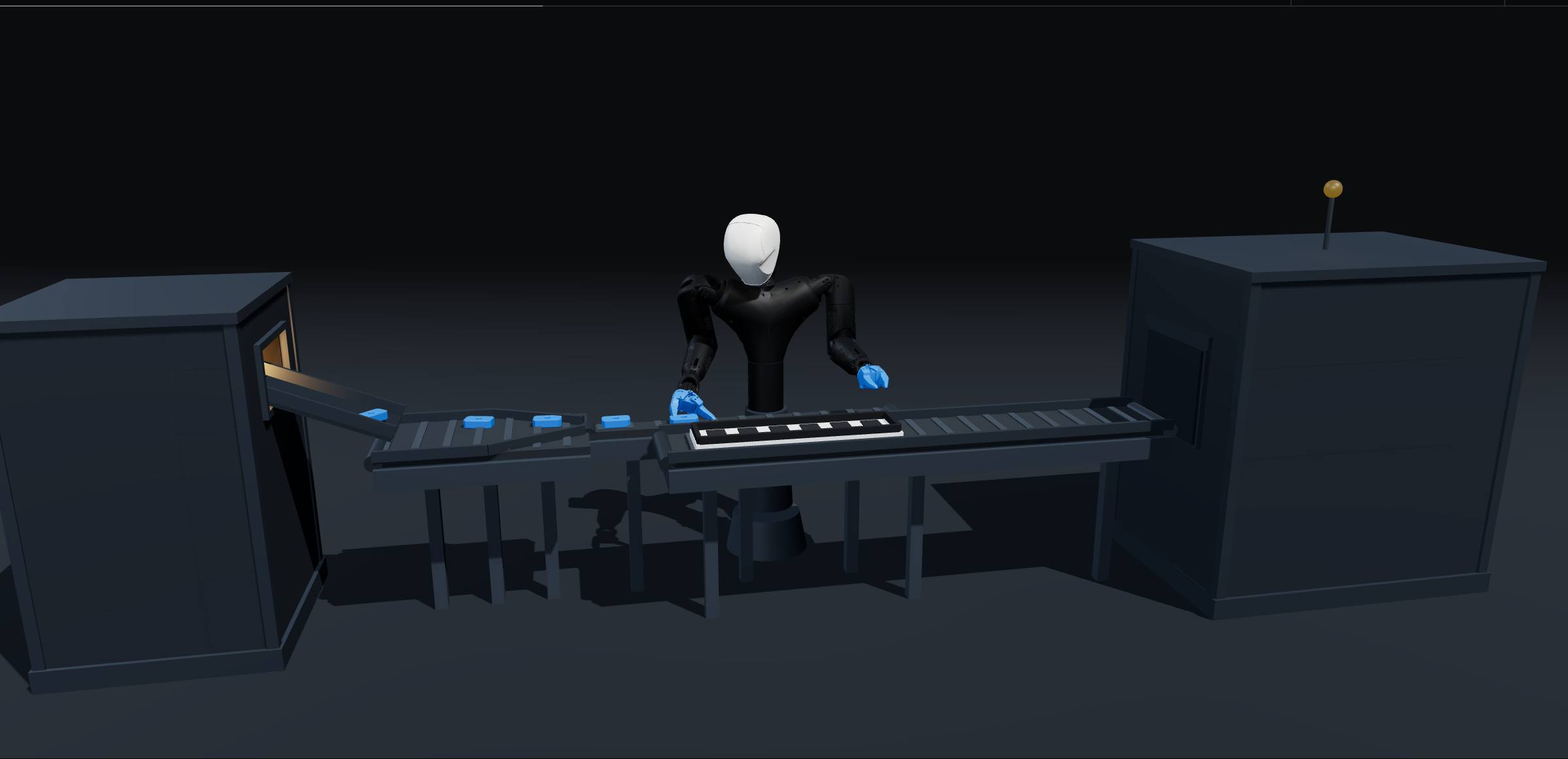 A dual arm robot takes loose parts off an infeed conveyor and stages them into a kit tray that runs out to the next machine